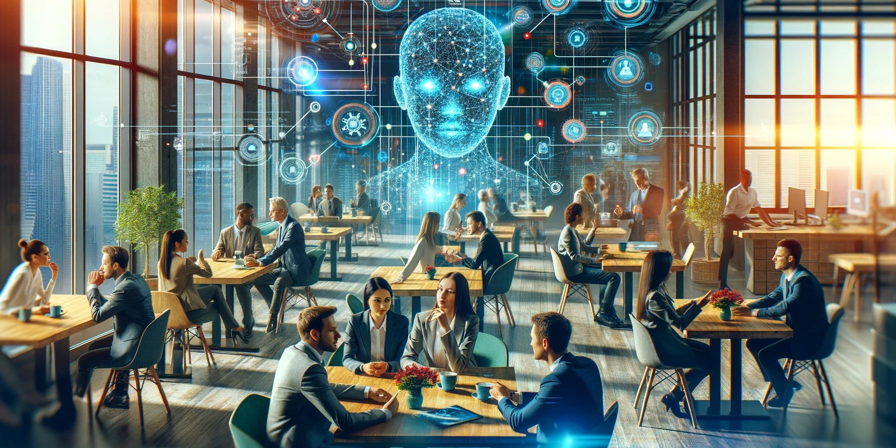 modern office environment enhanced by AI technology and network analysis, with a focus on teamwork and innovation.