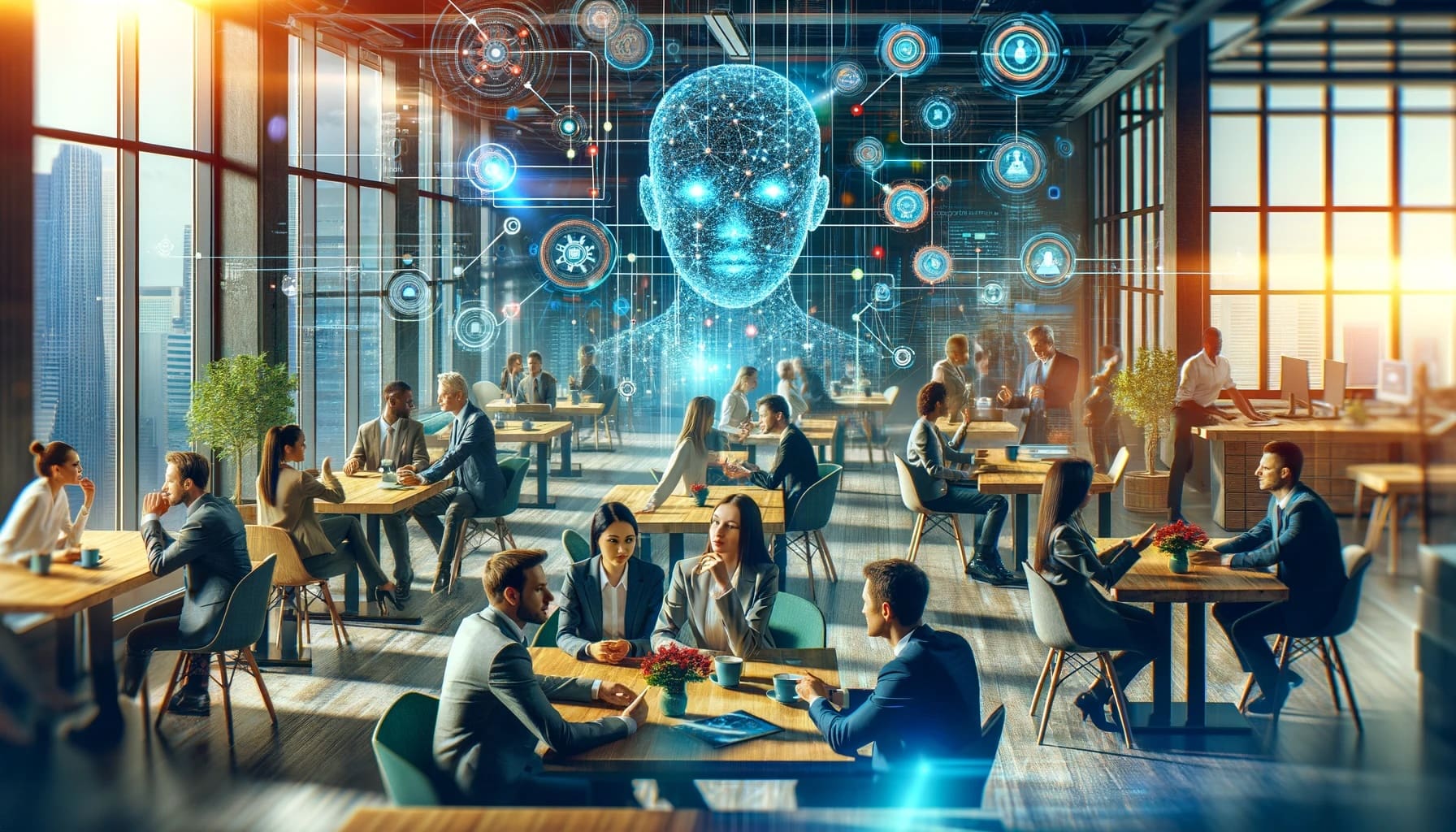 modern office environment enhanced by AI technology and network analysis, with a focus on teamwork and innovation.