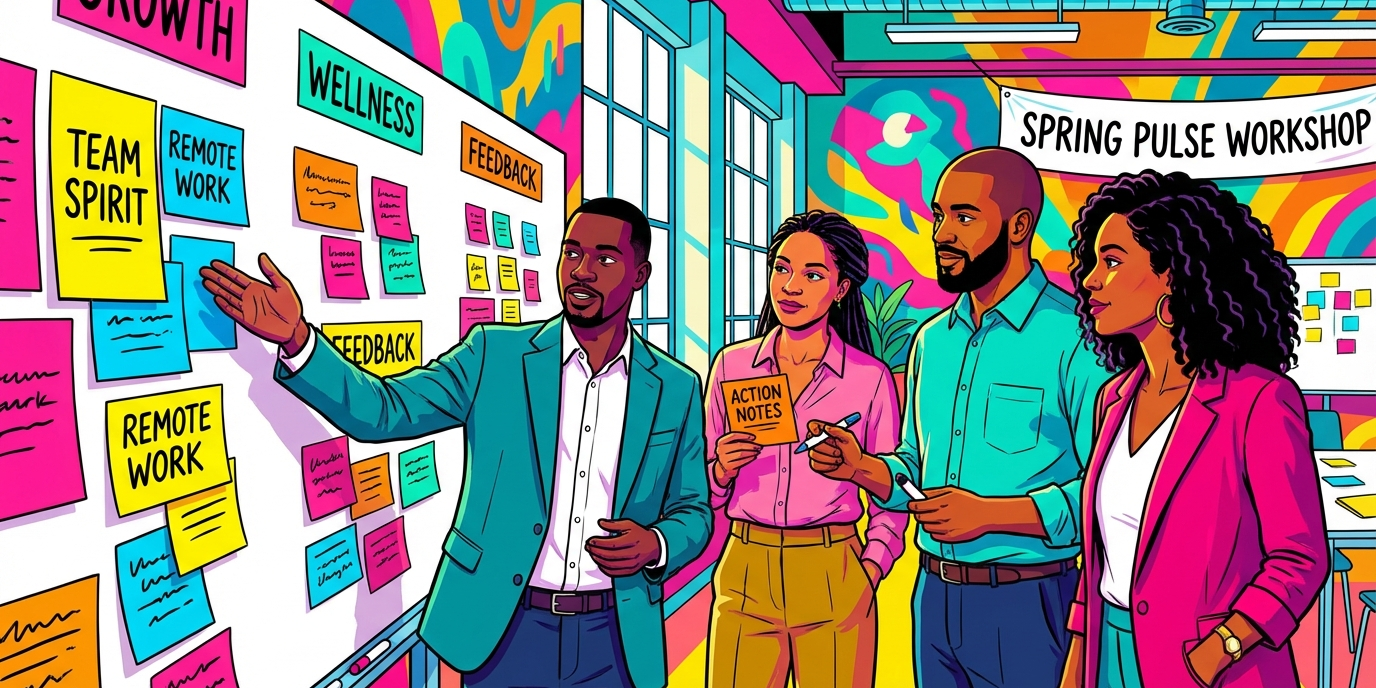 Purpose of Pulse Surveys illustration Editorial illustration of a leadership team reviewing colorful pulse survey feedback and action notes.