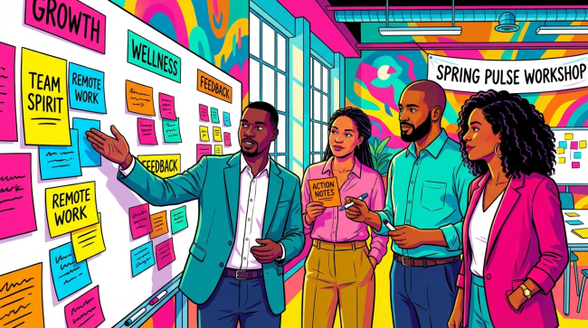 Editorial illustration of a leadership team reviewing colorful pulse survey feedback and action notes.