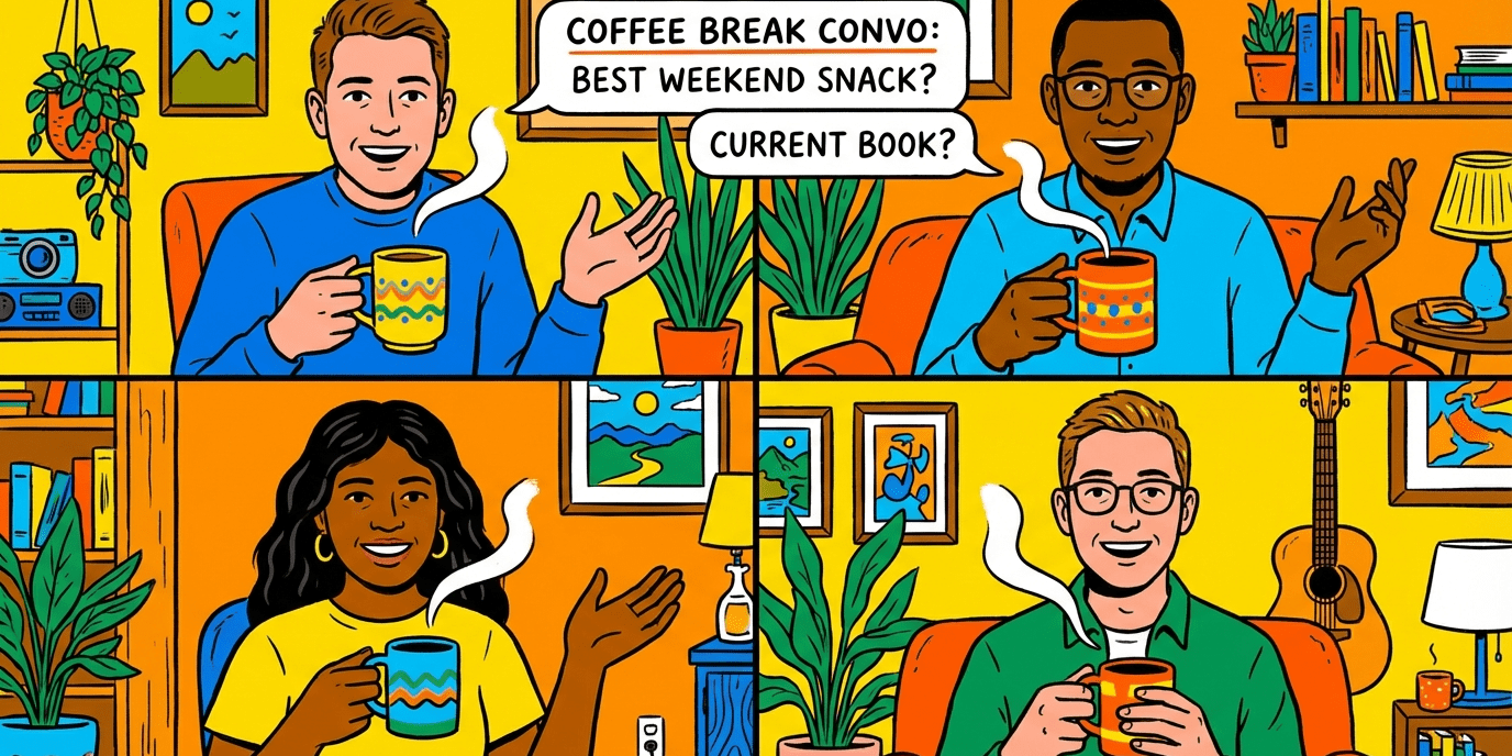 Virtual Coffee Break illustration Editorial illustration of remote coworkers enjoying a lively virtual coffee break together.