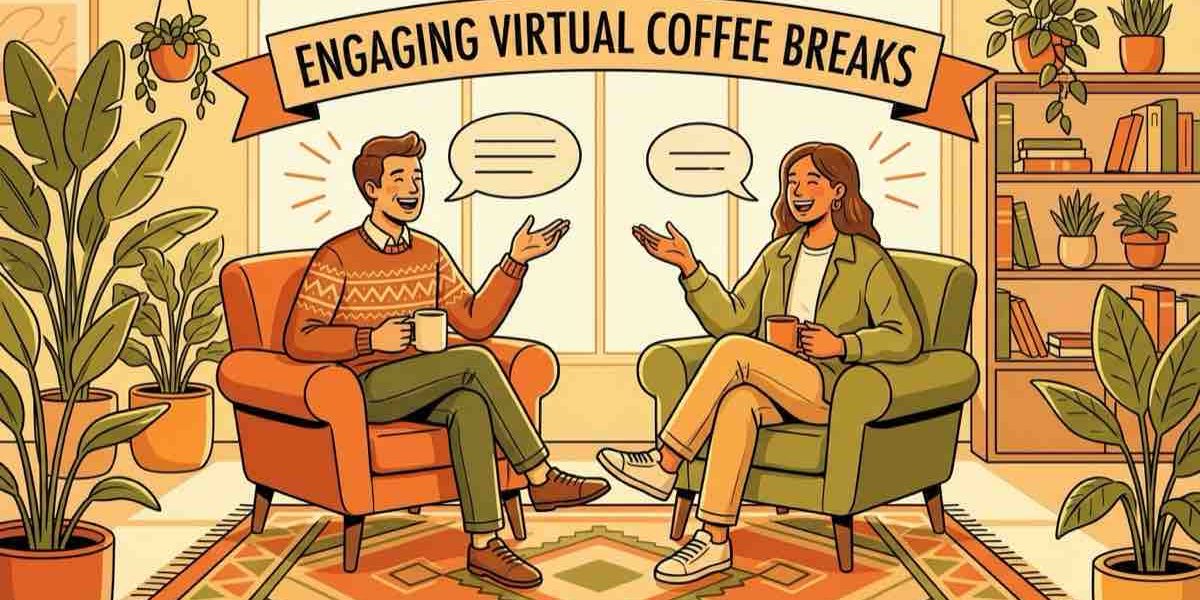 2026-04-04-tips-for-hosting-an-engaging-virtual-coffee-break Two coworkers enjoying a warm virtual coffee break conversation in a bright office lounge illustration