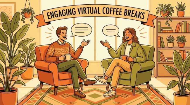 Two coworkers enjoying a warm virtual coffee break conversation in a bright office lounge illustration