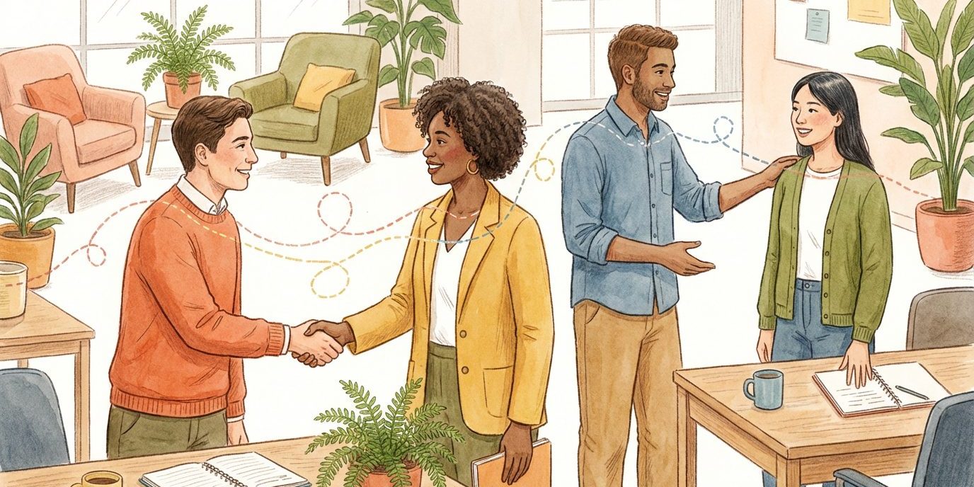 Warm illustration of coworkers building relationships across an organizational network