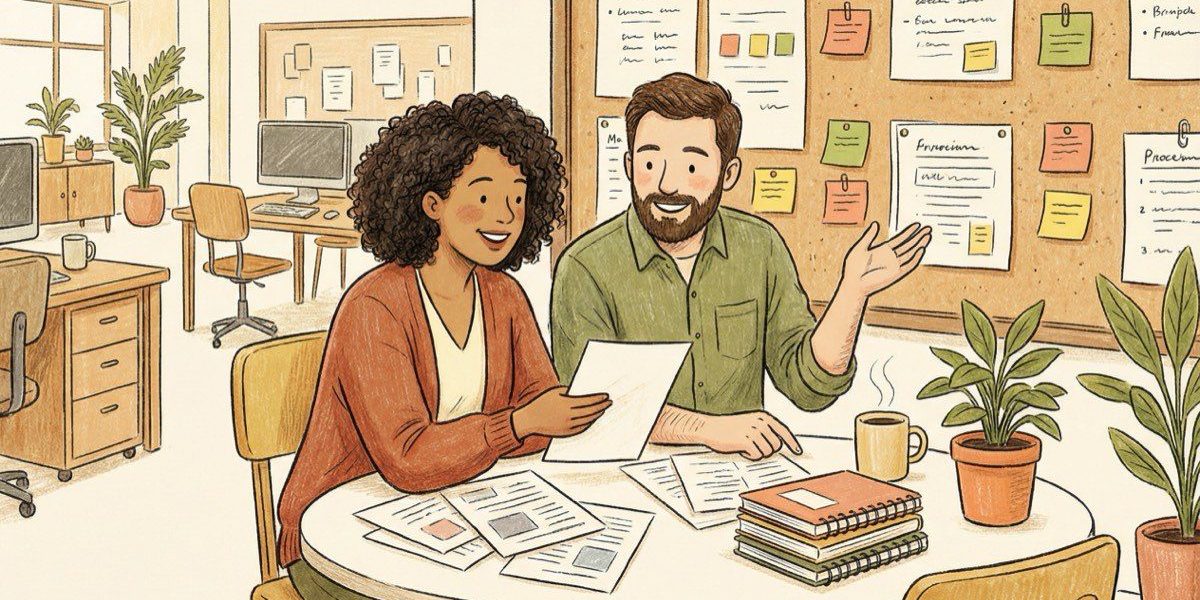 2026-04-06-best-knowledge-management-software Two coworkers comparing notes while choosing knowledge management software