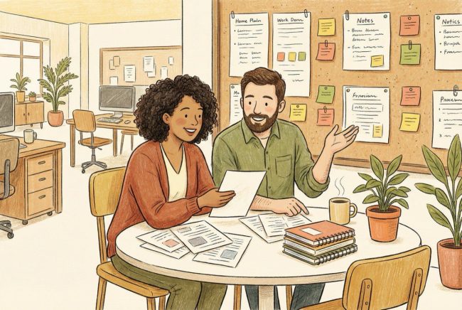 Two coworkers comparing notes while choosing knowledge management software