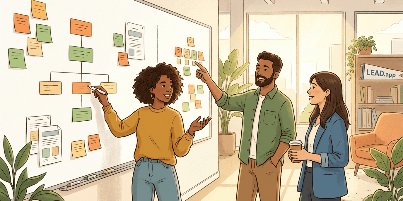 Knowledge management framework team illustration Illustration of coworkers building a knowledge management framework together in a bright office