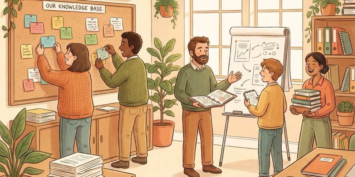 2026-04-06-knowledge-management-system-setup-guide Illustrated team organizing shared knowledge with sticky notes, binders, and a whiteboard in a warm office