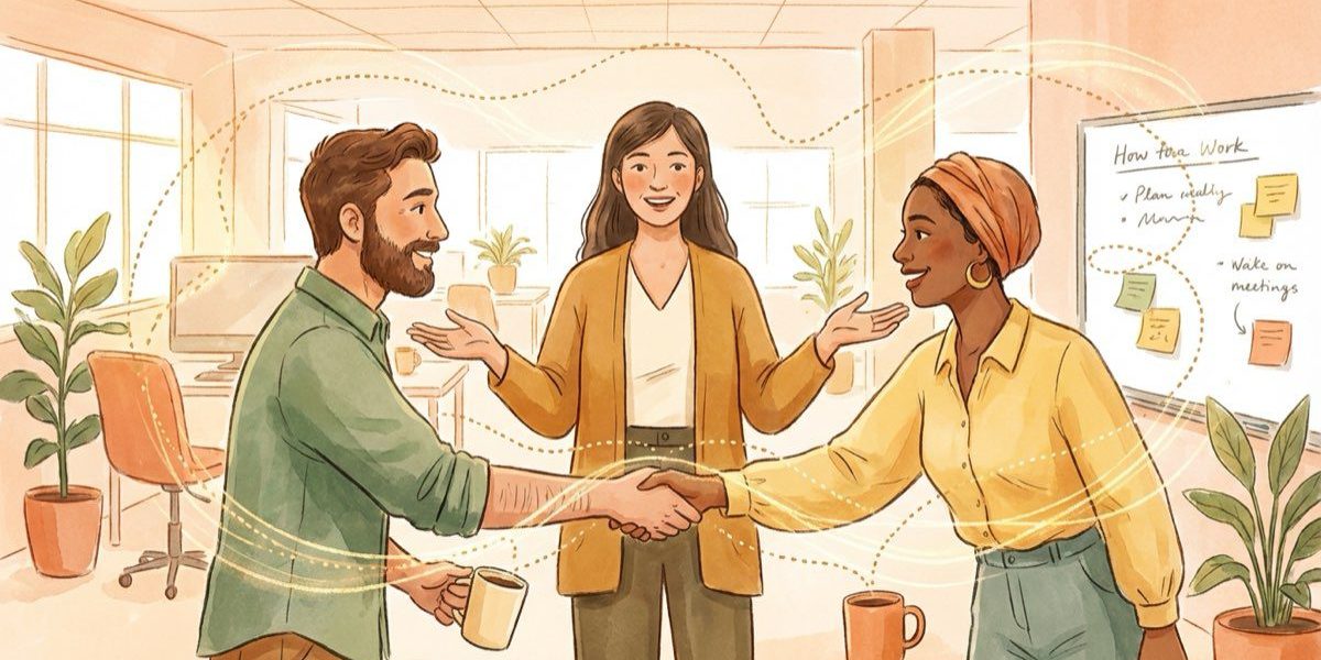 Organizational network workplace illustration Three colleagues building connections across teams in a bright office