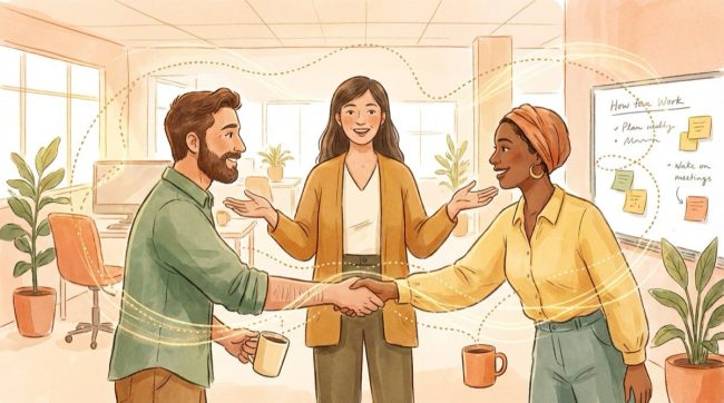 Three colleagues building connections across teams in a bright office