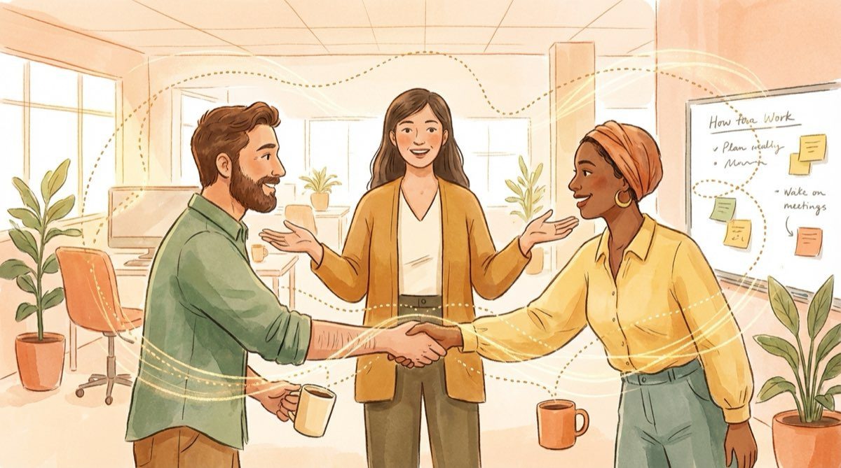 Three colleagues building connections across teams in a bright office