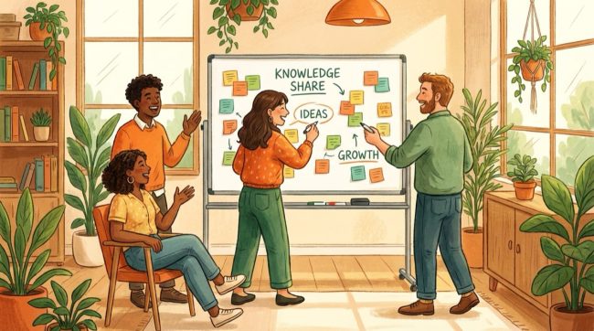 Illustrated team collaborating around a whiteboard during a knowledge-sharing session