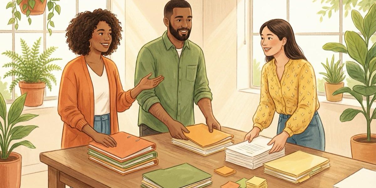 Three colleagues organizing documents and notes together in a bright office