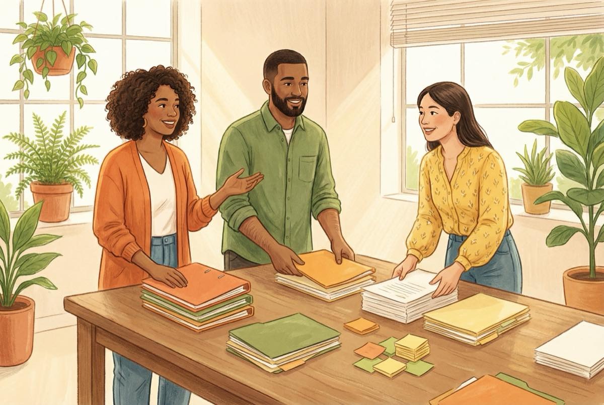 Three colleagues organizing documents and notes together in a bright office