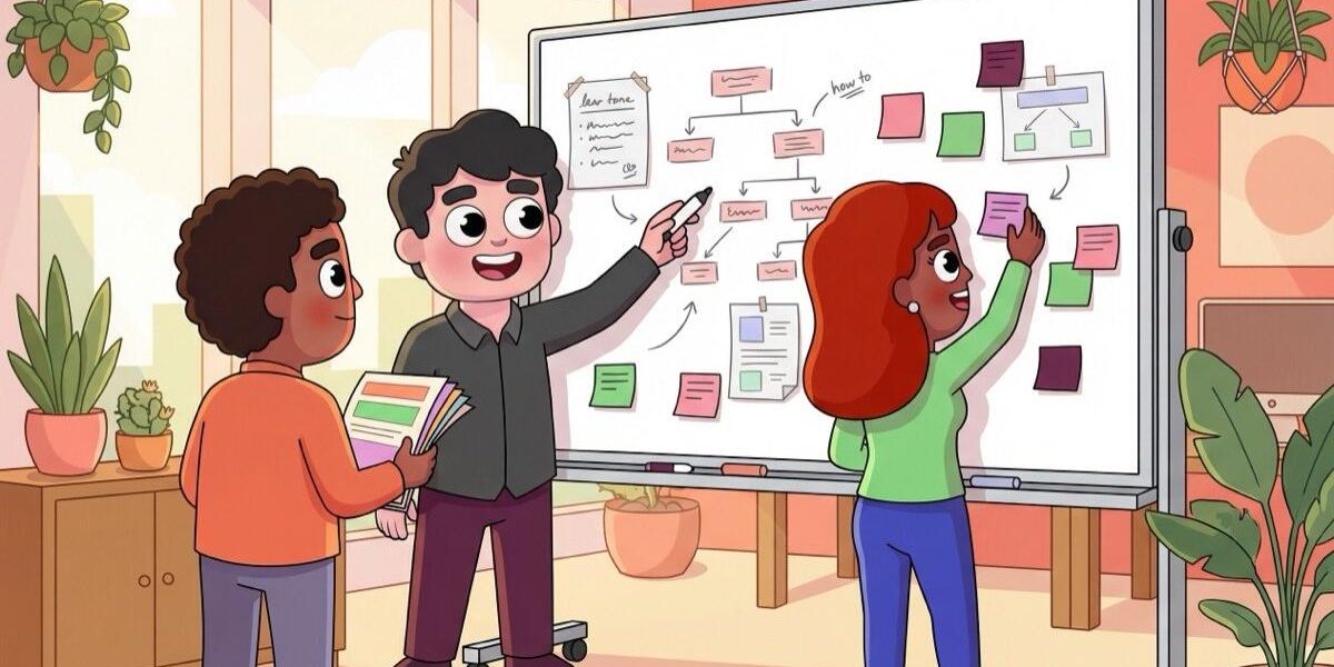 Knowledge management example hero illustration Three coworkers organizing shared knowledge on a whiteboard in a warm LEAD-style office illustration