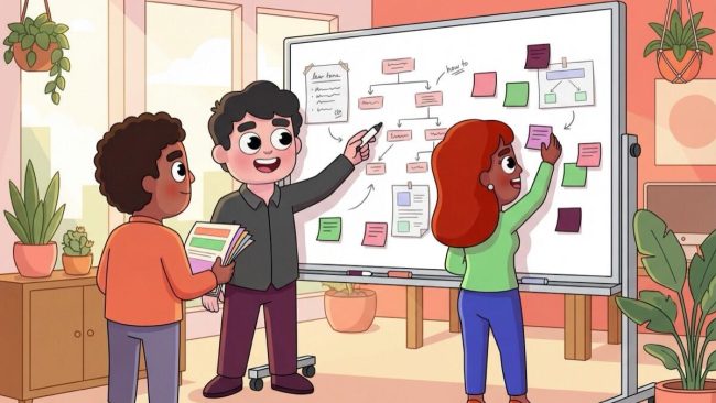 Three coworkers organizing shared knowledge on a whiteboard in a warm LEAD-style office illustration