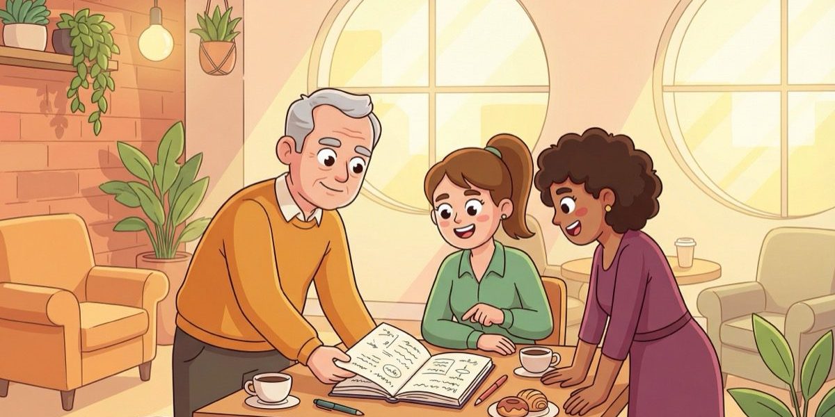 Knowledge management tools illustration Three colleagues sharing notes in a warm office cafe, illustrating knowledge management tools and knowledge sharing