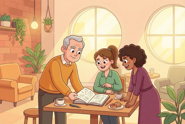 Three colleagues sharing notes in a warm office cafe, illustrating knowledge management tools and knowledge sharing