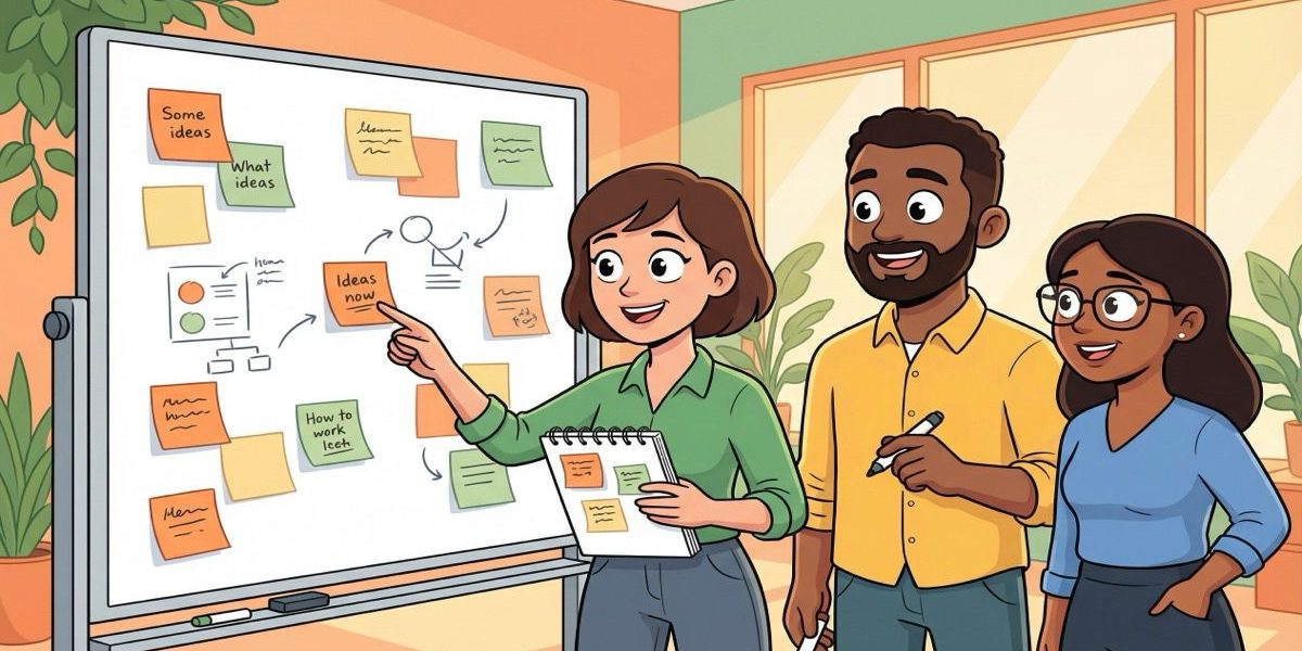 Illustrated team sharing knowledge around a whiteboard in a bright office