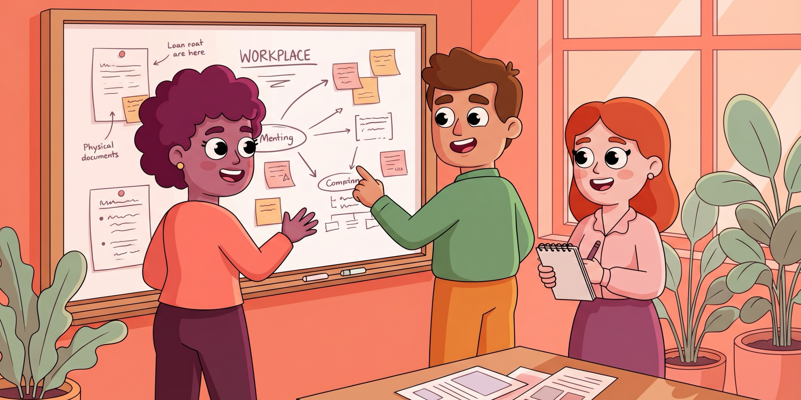 Three colleagues sharing knowledge around a whiteboard in a warm LEAD-style office illustration