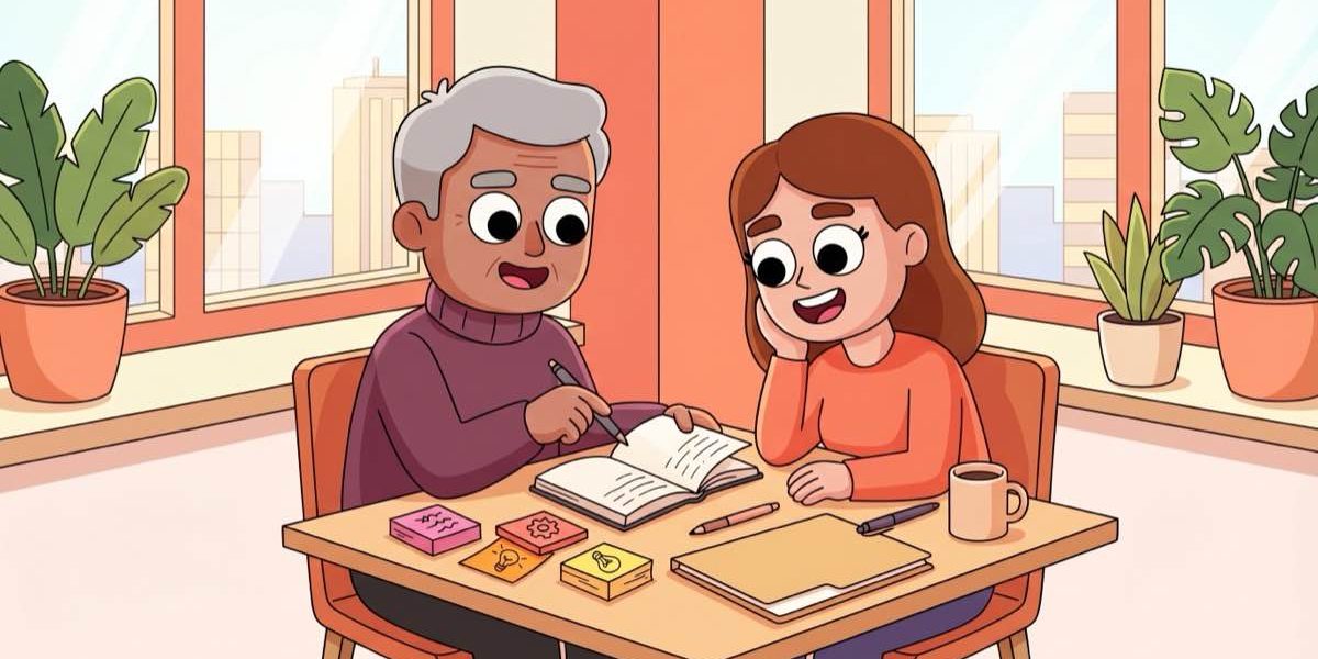 Two colleagues reviewing a notebook together in a warm office setting, illustrating AI knowledge management through shared team learning