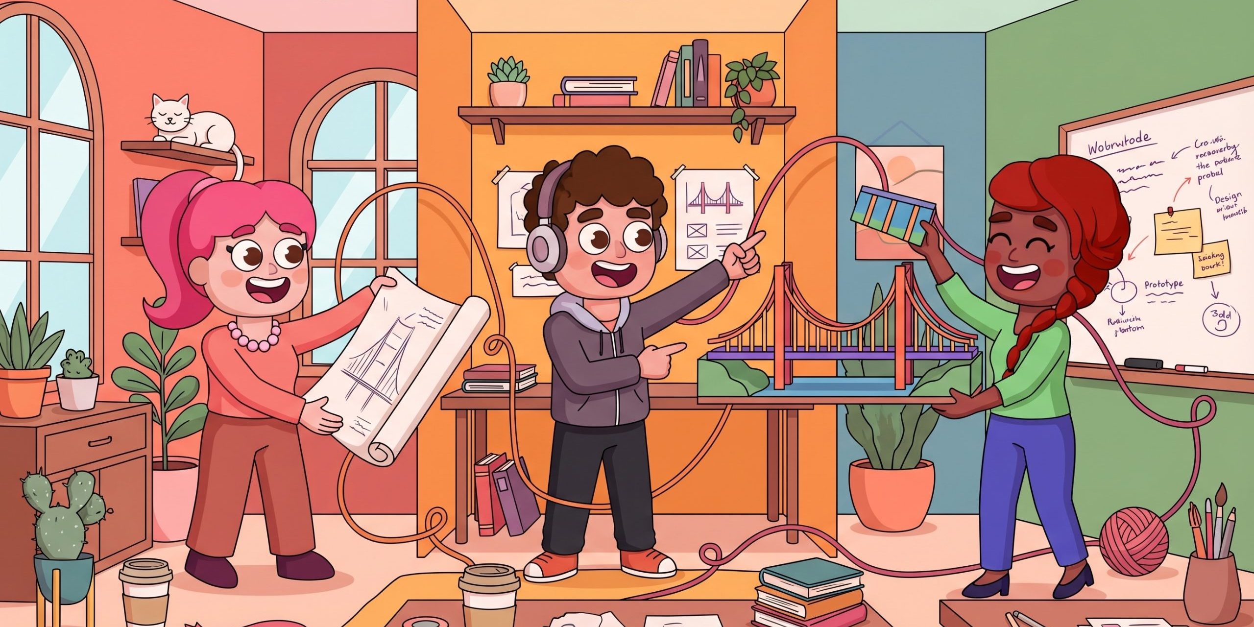 Warm LEAD-style illustration of a hybrid team coordinating work across locations without screens