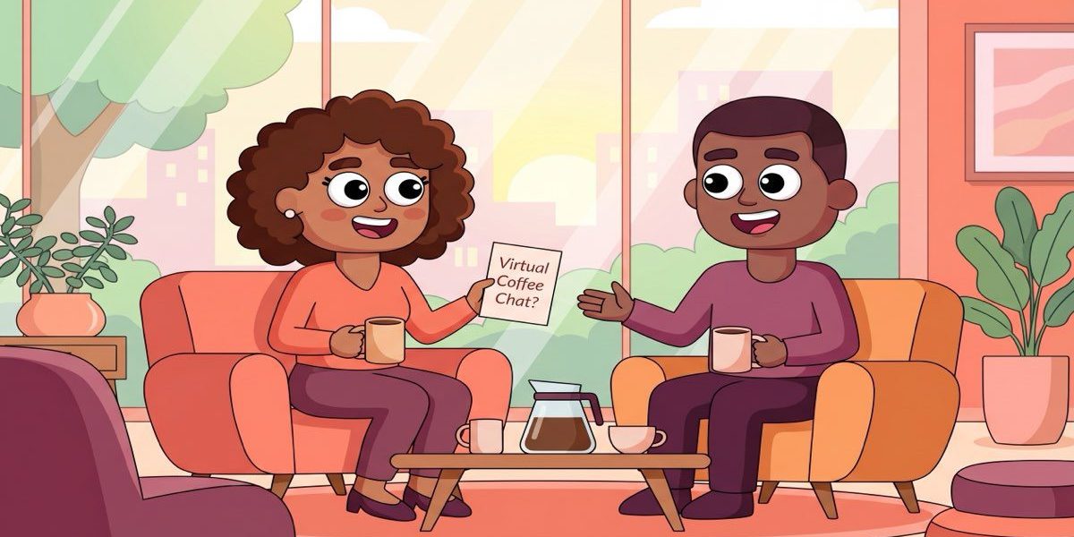 LEAD-style illustration of two colleagues sharing a warm virtual coffee chat invitation in a bright office lounge