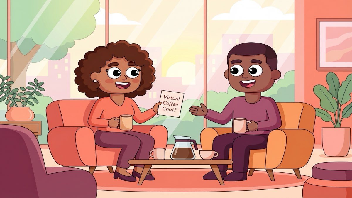 LEAD-style illustration of two colleagues sharing a warm virtual coffee chat invitation in a bright office lounge