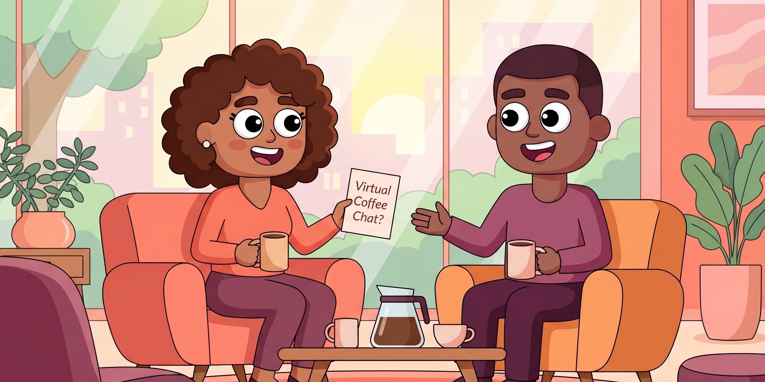 Two colleagues sharing a friendly virtual coffee invitation in a warm illustrated office lounge