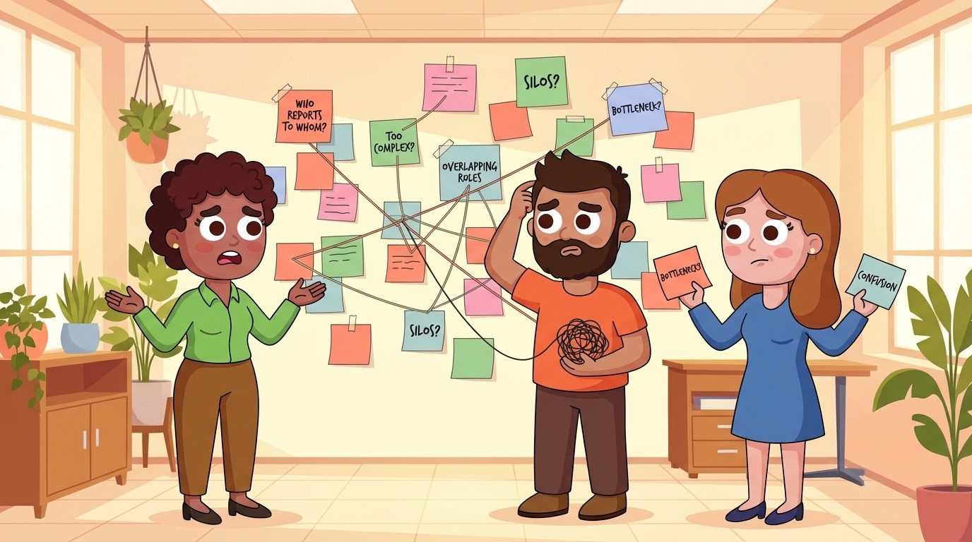 Illustrated team coordinating across a networked organization without screens or devices