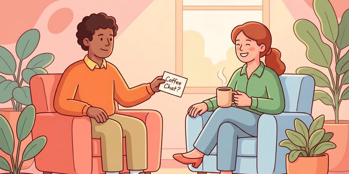 Warm LEAD.bot illustration of two colleagues sharing a virtual coffee chat invite in an office lounge