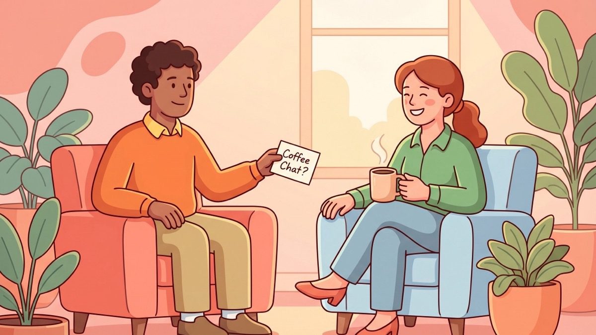 Warm LEAD.bot illustration of two colleagues sharing a virtual coffee chat invite in an office lounge