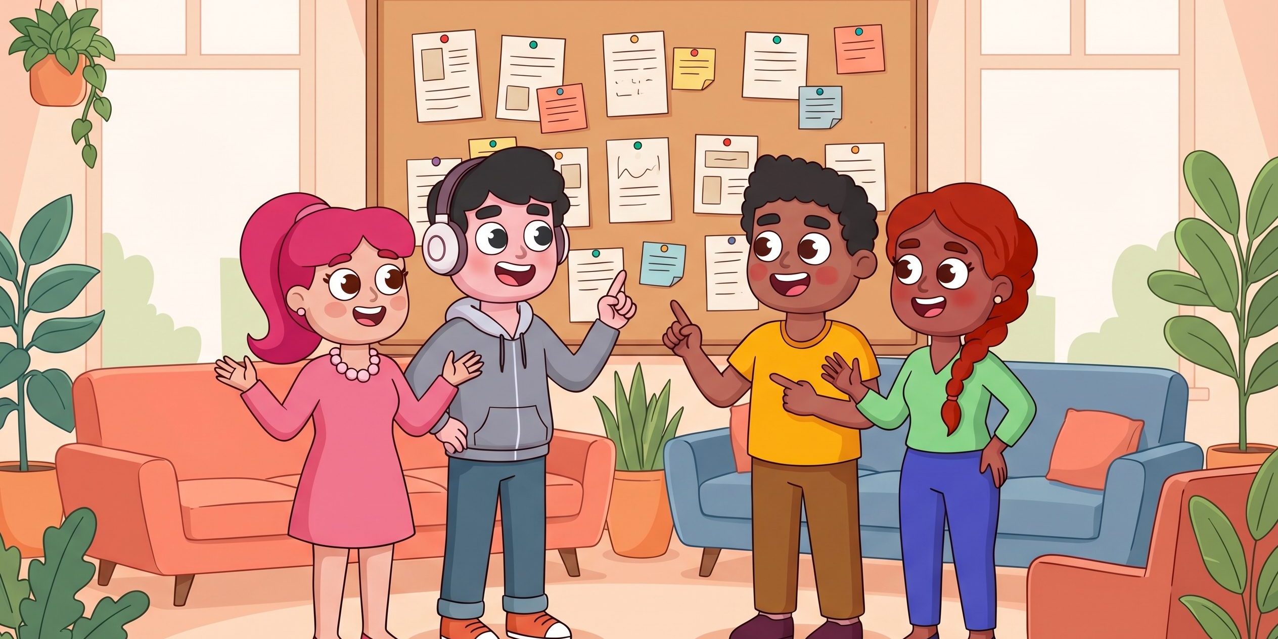 Warm LEAD-style illustration of colleagues mapping workplace relationships on a corkboard during an organizational network analysis discussion