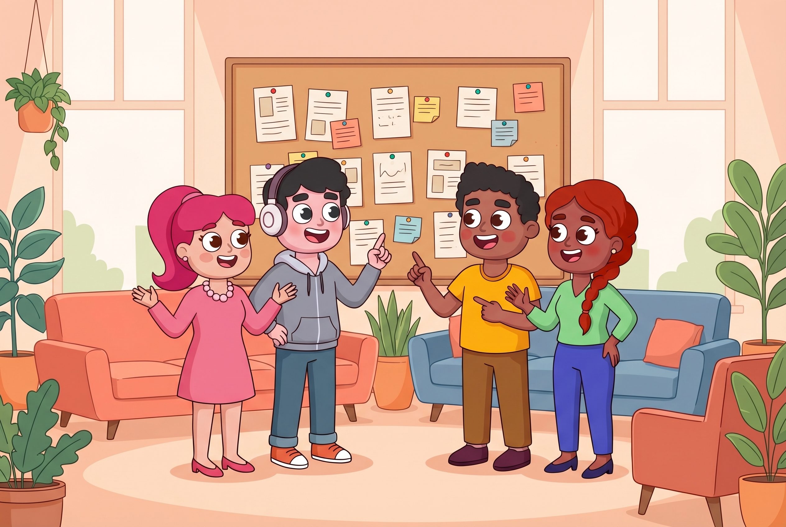 Warm LEAD-style illustration of colleagues mapping workplace relationships on a corkboard during an organizational network analysis discussion