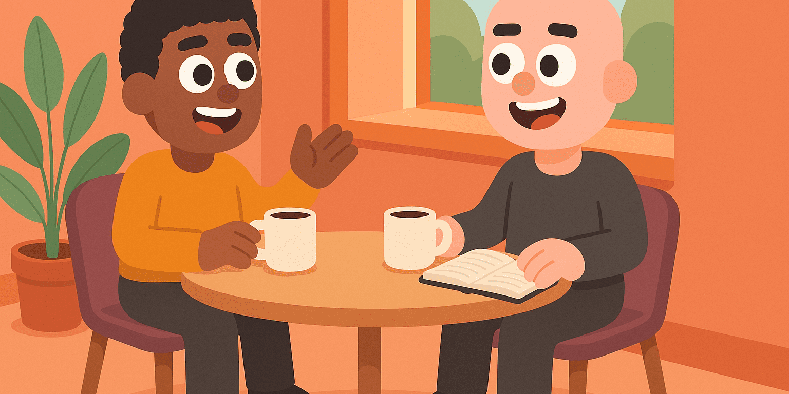 Two colleagues meeting for a virtual coffee chat in LEAD.bot illustration style
