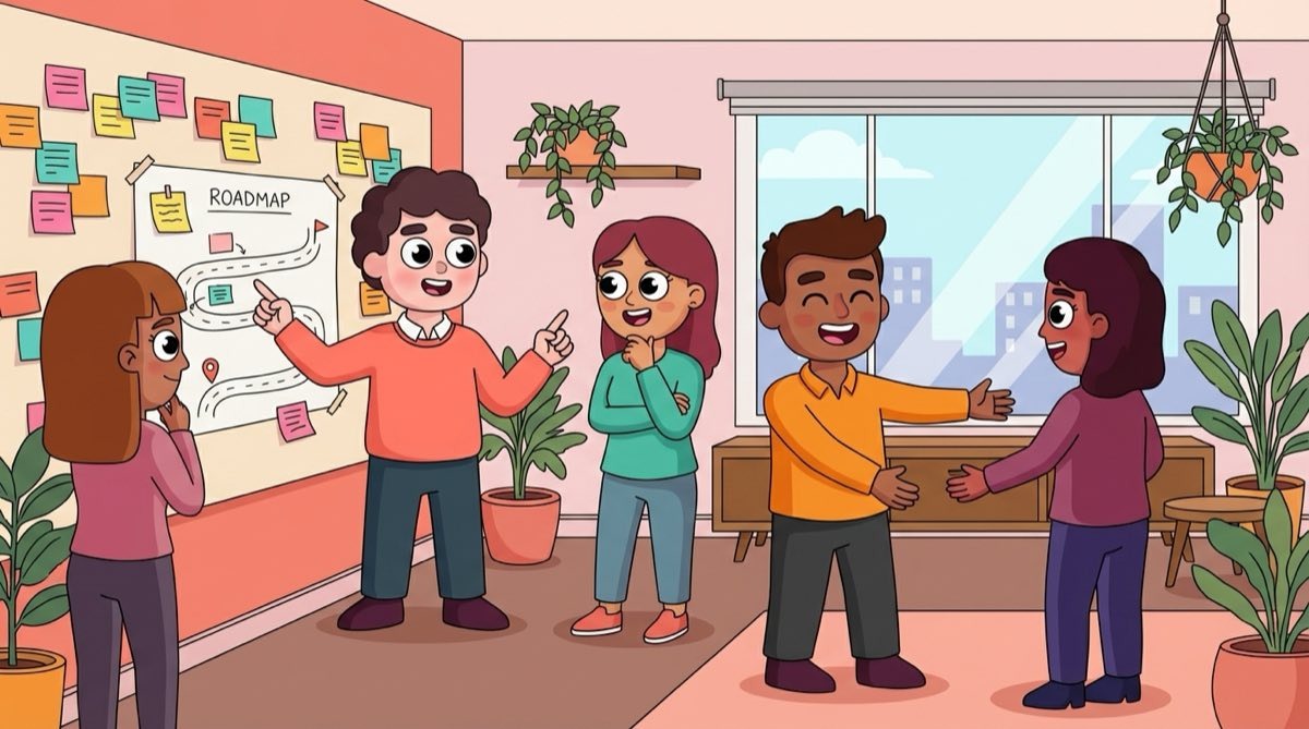 Warm illustration of colleagues guiding a team through an AI change management rollout
