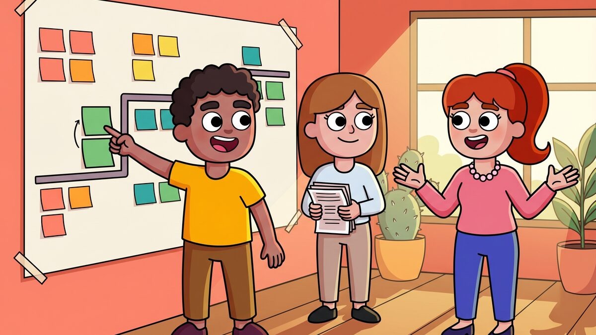 Three illustrated coworkers planning a change rollout together at a whiteboard with sticky notes