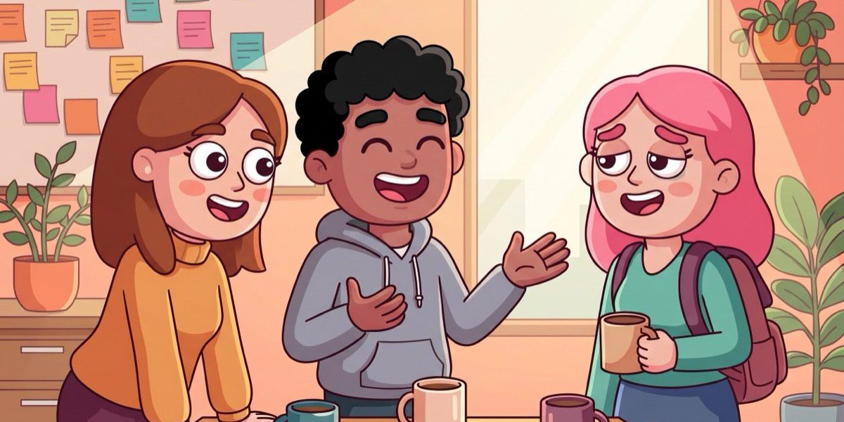 Three illustrated colleagues coordinating hybrid work in a bright office lounge with warm LEAD.app style.