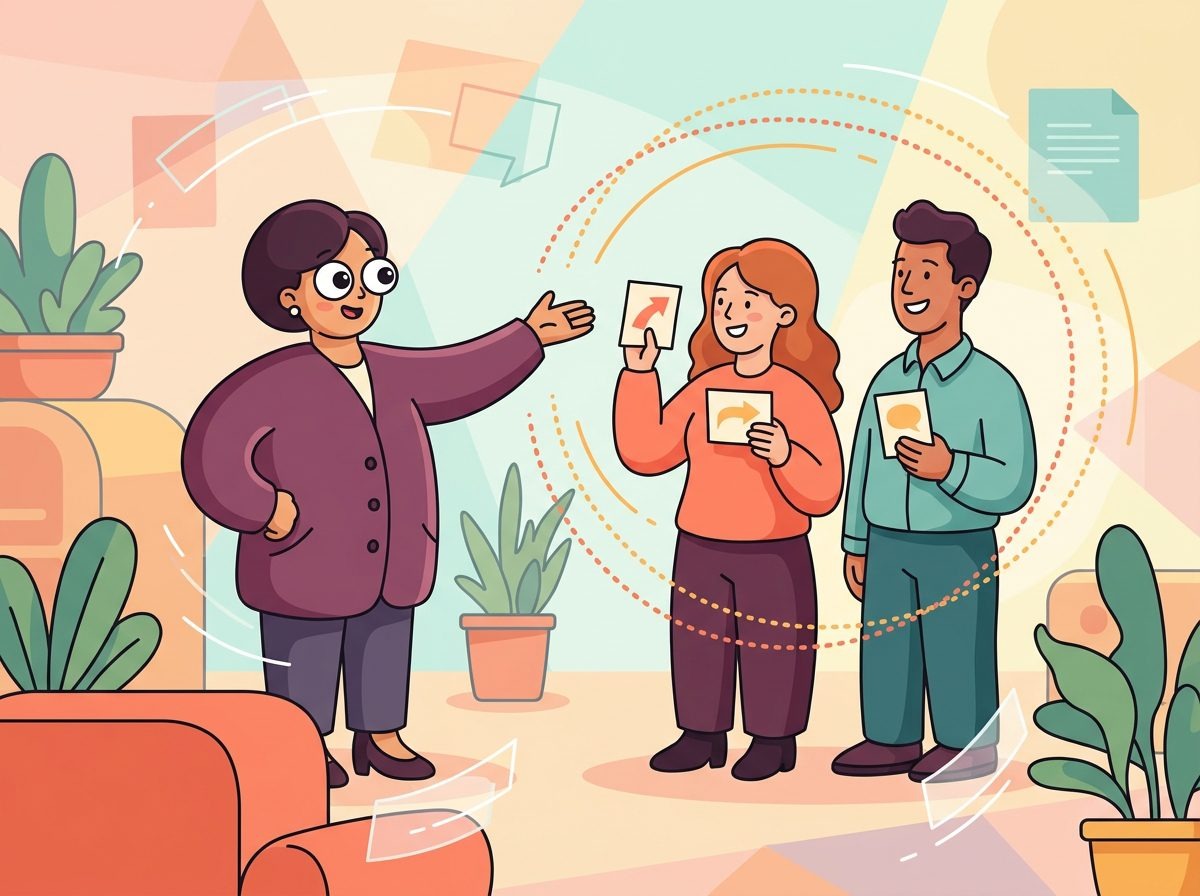Cross-team connection program illustration showing employees sharing knowledge across departments