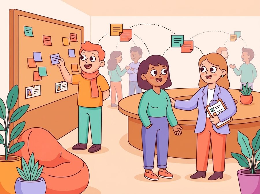 LEAD.bot-style illustration of a new hire connecting with a cross-team expert
